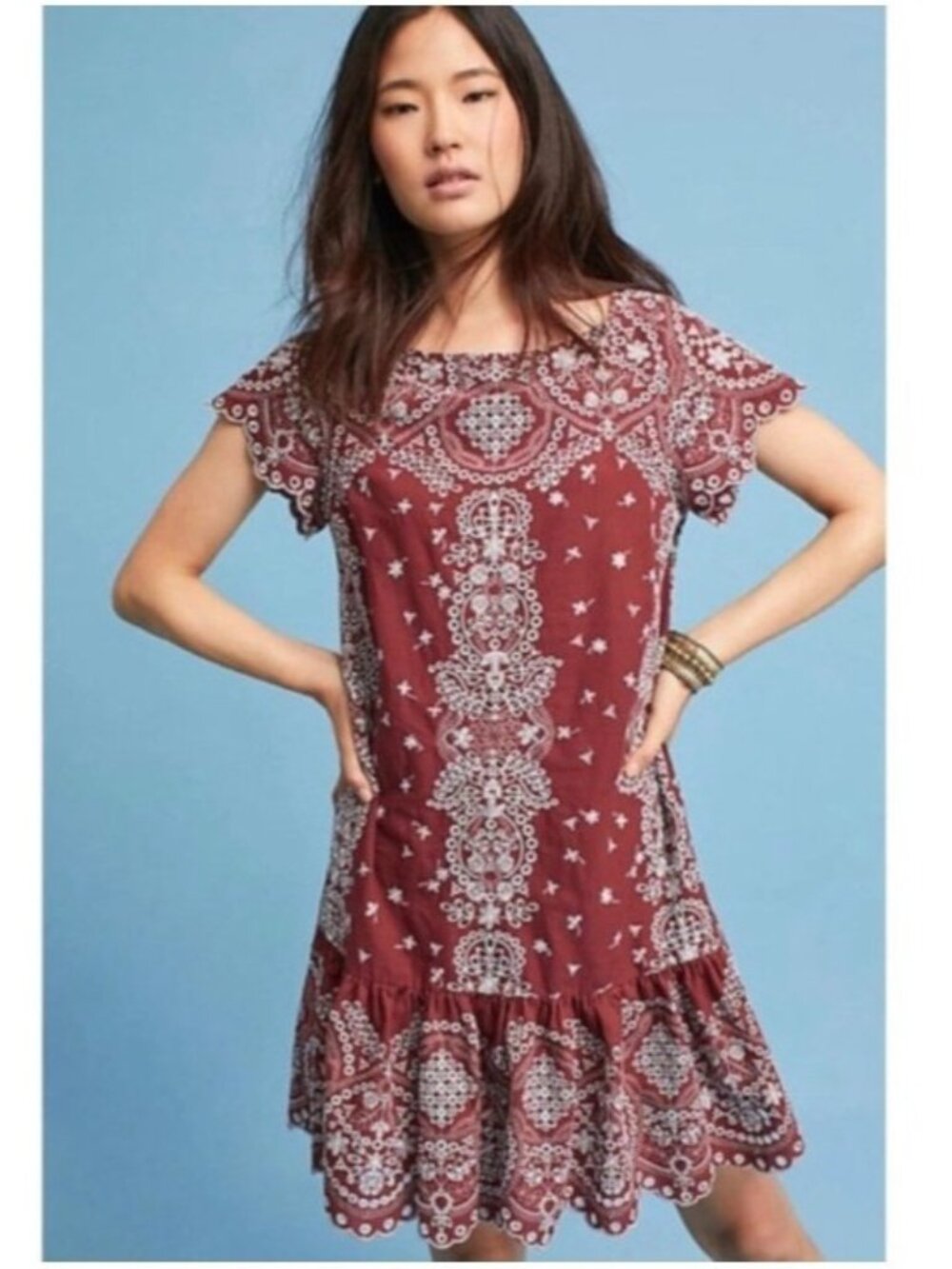 Feather Bone Anthropologie Dress XXS Women Burgundy Embroidered Eyelet Ruffle
